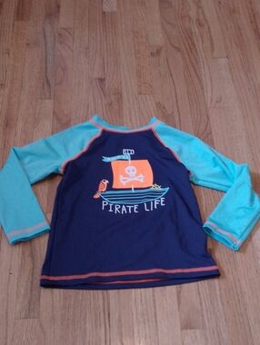 Cat & Jack Navy Swim Top with Aqua Sleeves and Orange Trim Pirate Life Ahoy